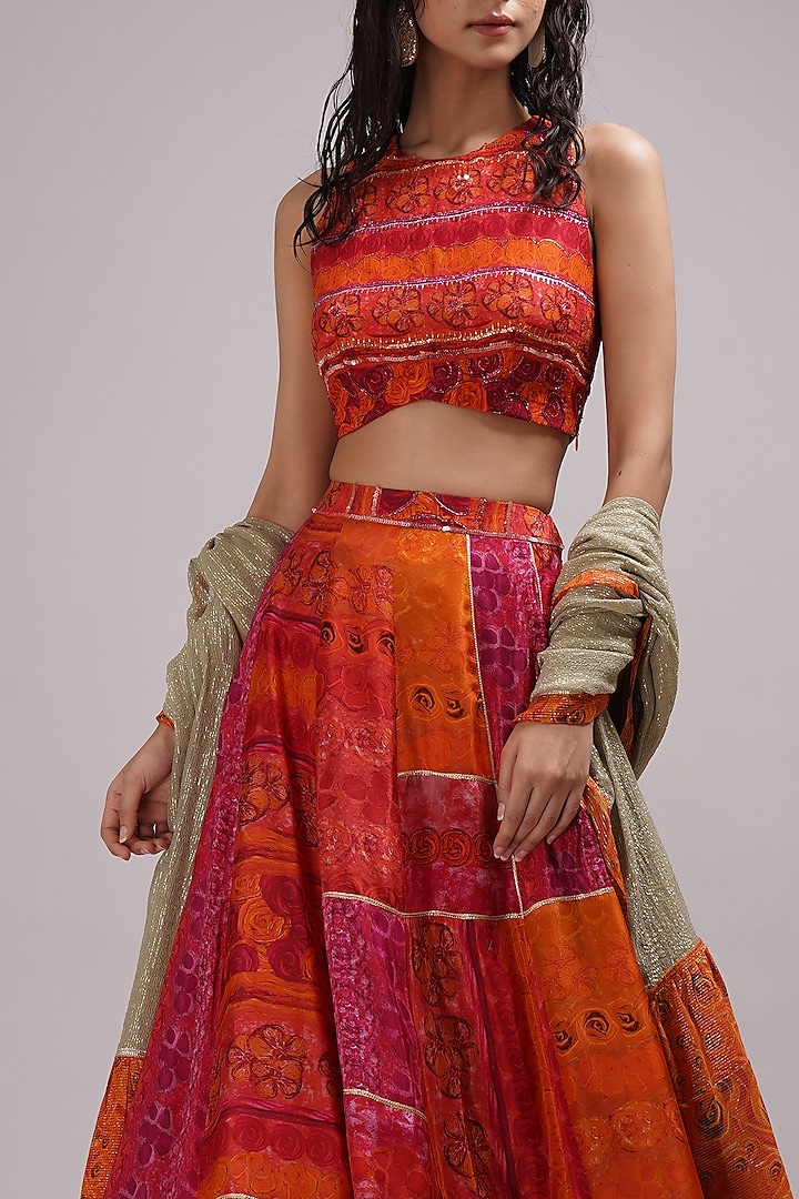 Orange Upada Silk Floral Printed Wedding Lehenga Set by Breathe By Aakanksha Singh at Pernia's Pop Up Shop