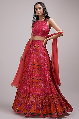 Rusty Orange & Pink Upada Silk Floral Printed Lehenga Set by Breathe By Aakanksha Singh