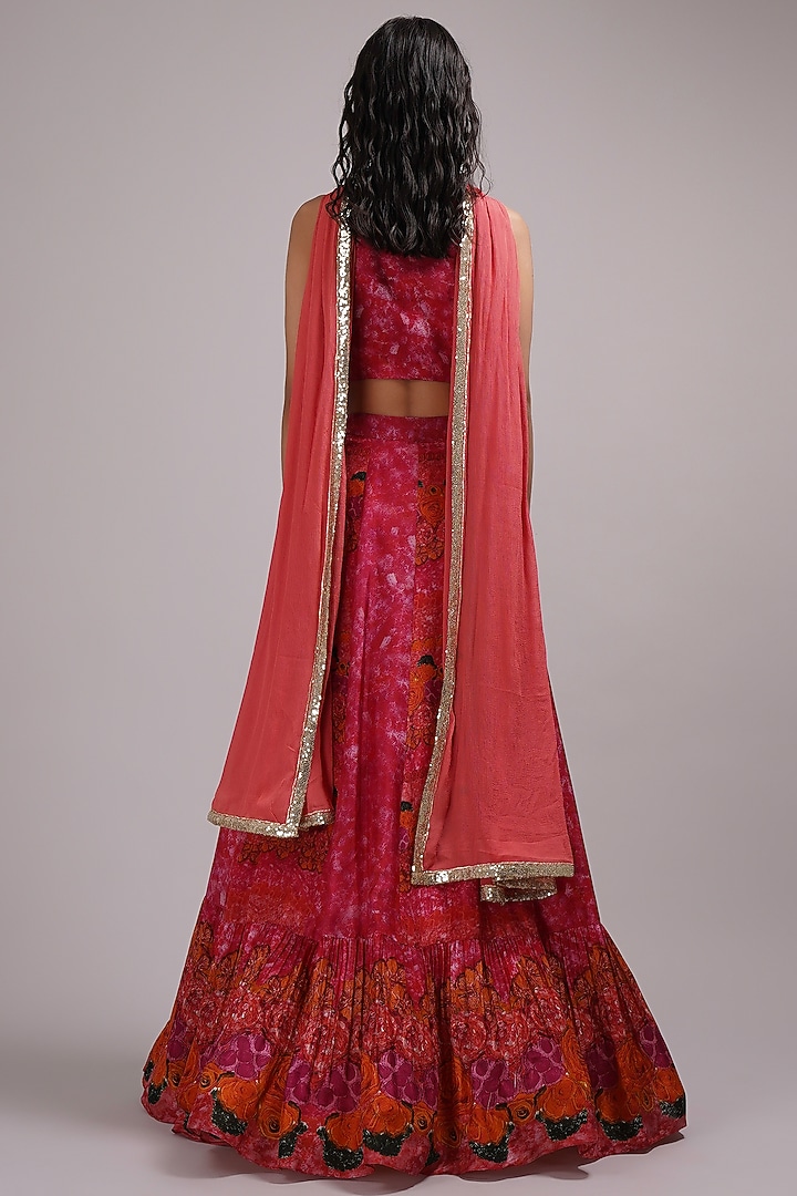 Rusty Orange & Pink Upada Silk Floral Printed Wedding Lehenga Set by Breathe By Aakanksha Singh at Pernia's Pop Up Shop