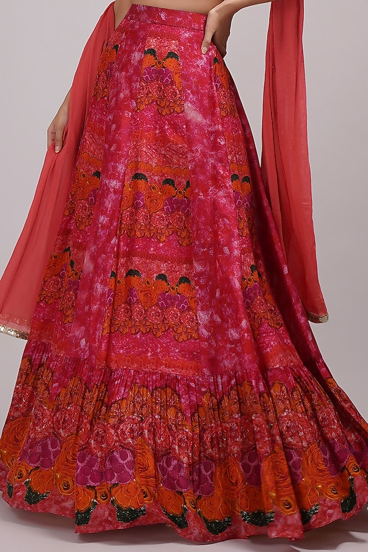 Rusty Orange & Pink Upada Silk Floral Printed Wedding Lehenga Set by Breathe By Aakanksha Singh at Pernia's Pop Up Shop
