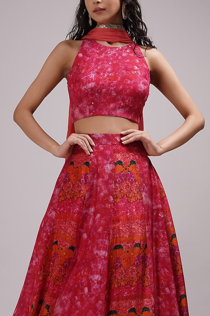 Rusty Orange & Pink Upada Silk Floral Printed Wedding Lehenga Set by Breathe By Aakanksha Singh at Pernia's Pop Up Shop