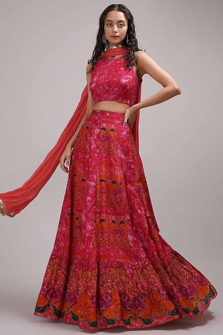 Rusty Orange & Pink Upada Silk Floral Printed Wedding Lehenga Set by Breathe By Aakanksha Singh at Pernia's Pop Up Shop
