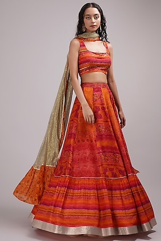 Rusty Orange Upada Silk Floral Printed Lehenga Set by Breathe By Aakanksha Singh