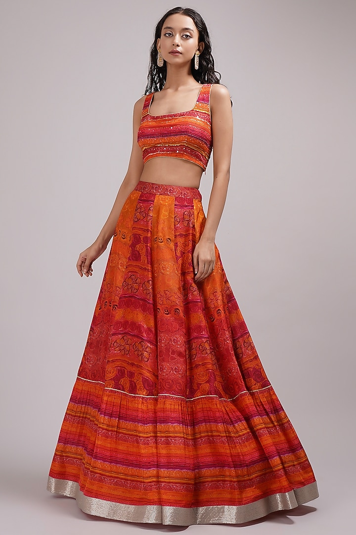 Rusty Orange Upada Silk Floral Printed Wedding Lehenga Set by Breathe By Aakanksha Singh at Pernia's Pop Up Shop