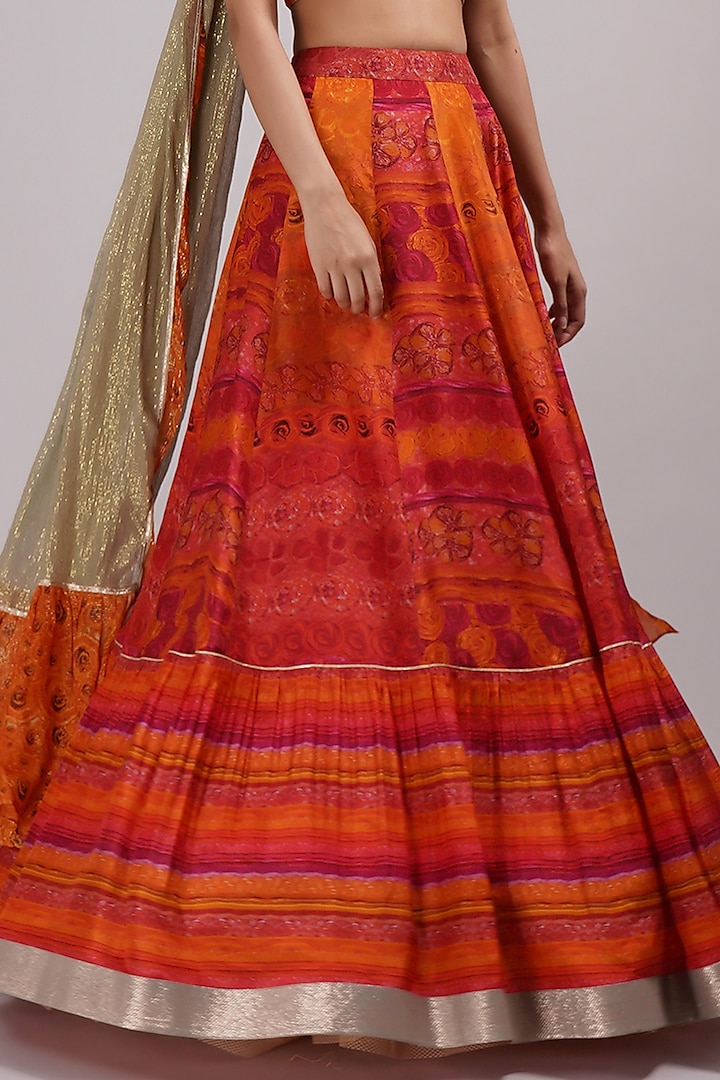 Rusty Orange Upada Silk Floral Printed Wedding Lehenga Set by Breathe By Aakanksha Singh at Pernia's Pop Up Shop
