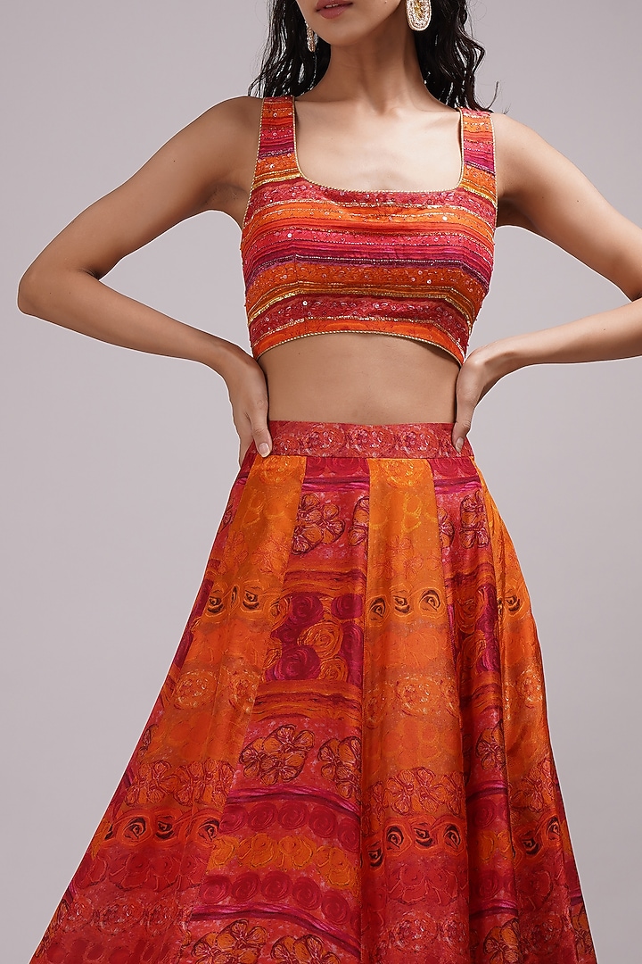 Rusty Orange Upada Silk Floral Printed Wedding Lehenga Set by Breathe By Aakanksha Singh at Pernia's Pop Up Shop