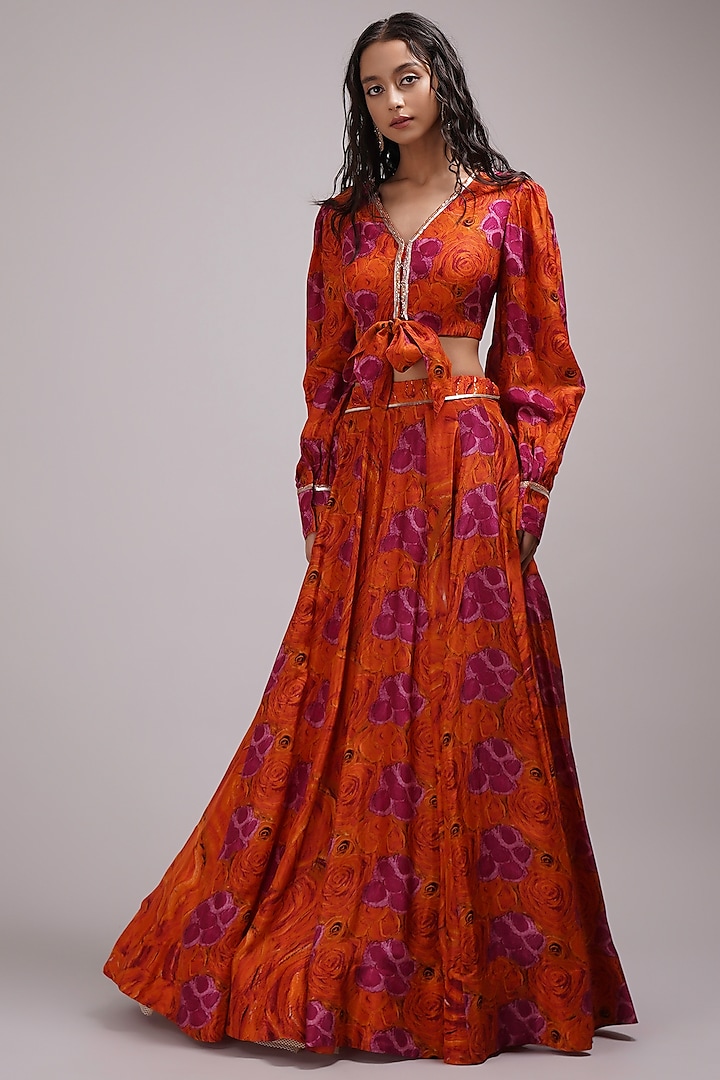 Rusty Orange & Purple Upada Silk Floral Printed Lehenga Set by Breathe By Aakanksha Singh