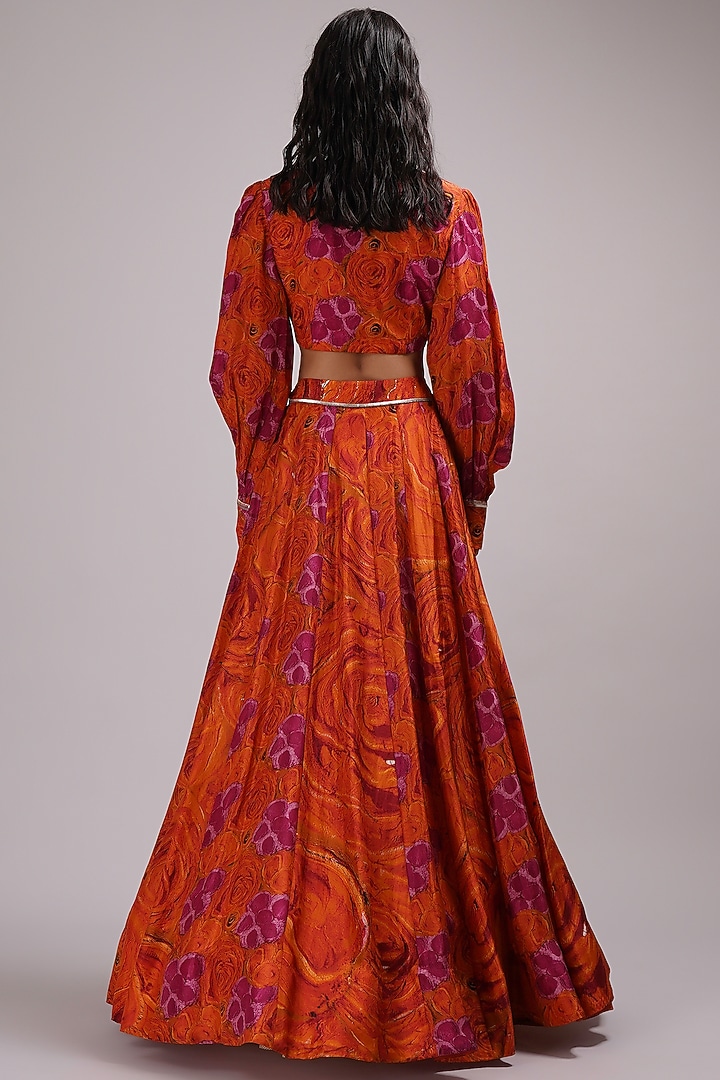 Rusty Orange & Purple Upada Silk Floral Printed Wedding Lehenga Set by Breathe By Aakanksha Singh at Pernia's Pop Up Shop