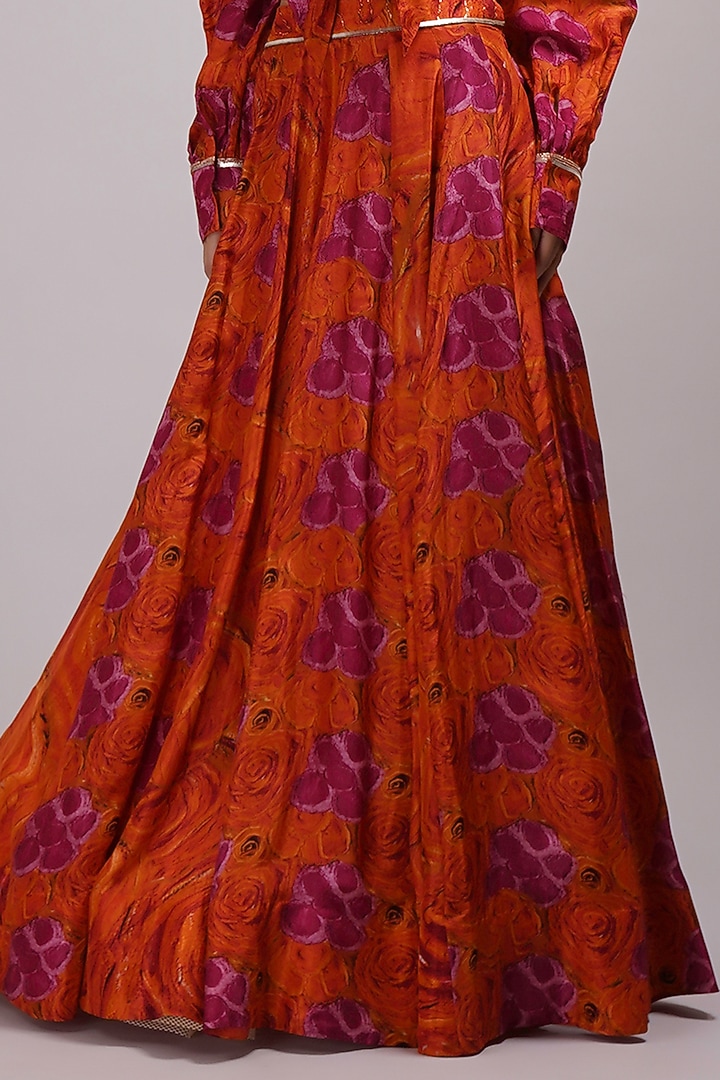 Rusty Orange & Purple Upada Silk Floral Printed Wedding Lehenga Set by Breathe By Aakanksha Singh at Pernia's Pop Up Shop