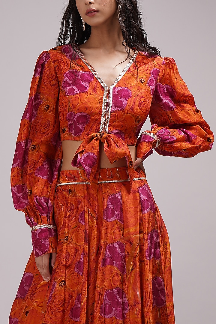 Rusty Orange & Purple Upada Silk Floral Printed Wedding Lehenga Set by Breathe By Aakanksha Singh at Pernia's Pop Up Shop