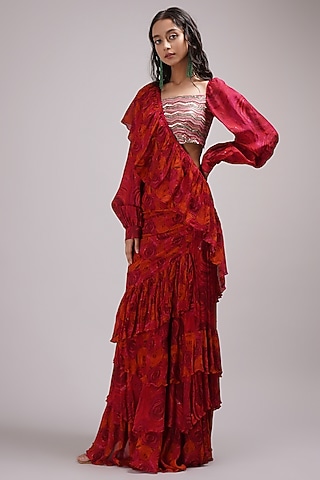 Fuchsia Upada Silk & Chinon Floral Printed Ruffle Draped Saree Set by Breathe By Aakanksha Singh