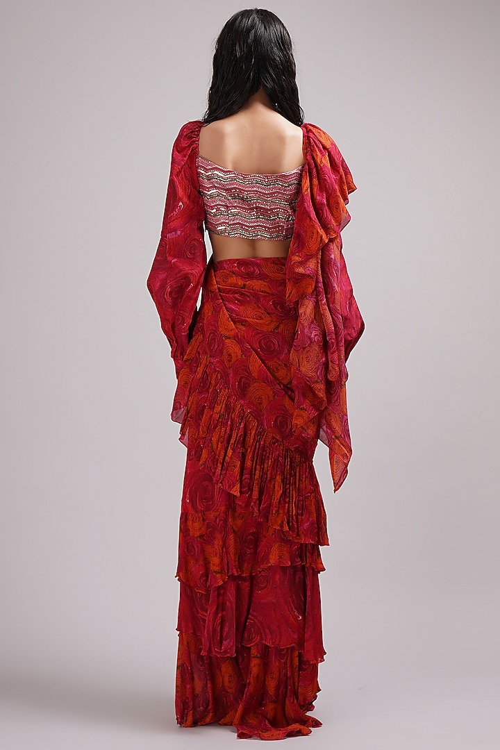 Fuchsia Upada Silk & Chinon Floral Printed Ruffle Draped Wedding Saree Set by Breathe By Aakanksha Singh at Pernia's Pop Up Shop