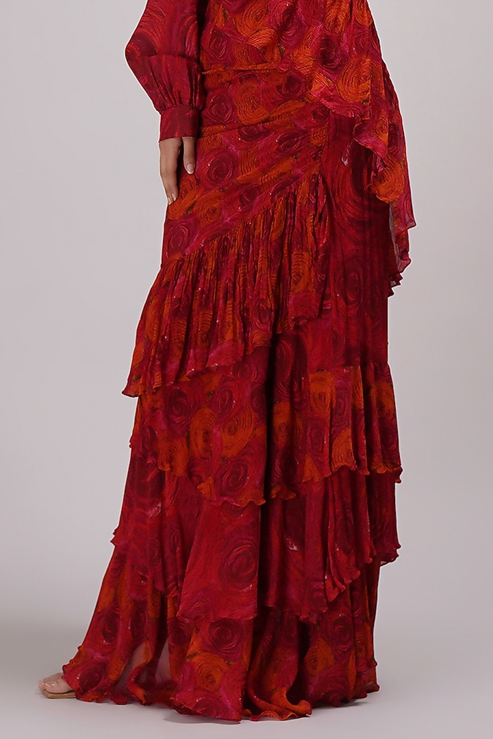 Fuchsia Upada Silk & Chinon Floral Printed Ruffle Draped Wedding Saree Set by Breathe By Aakanksha Singh at Pernia's Pop Up Shop