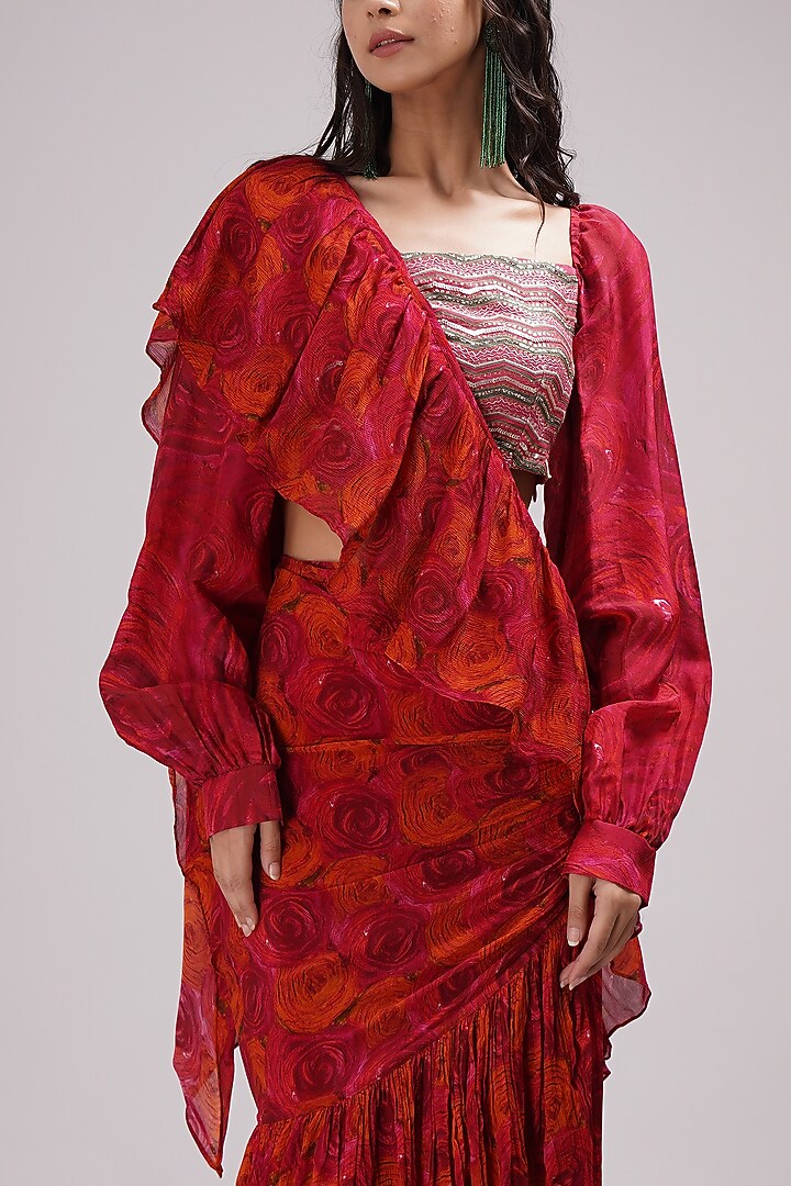 Fuchsia Upada Silk & Chinon Floral Printed Ruffle Draped Wedding Saree Set by Breathe By Aakanksha Singh at Pernia's Pop Up Shop