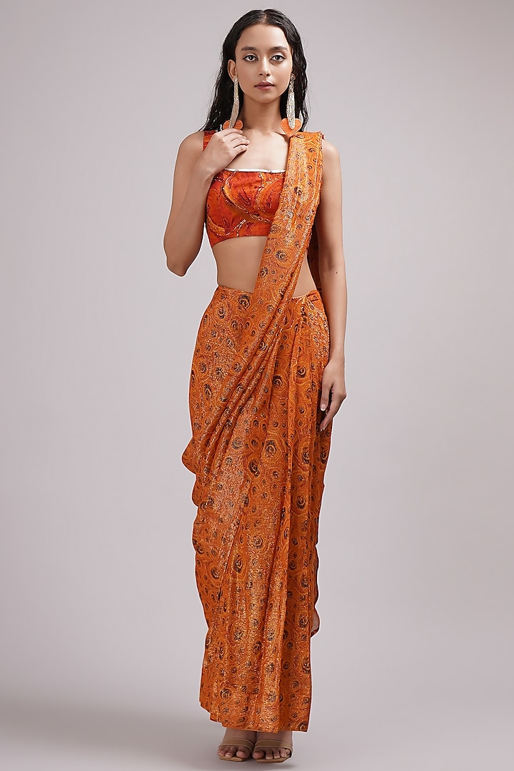 Orange Upada Silk & Shimmer Georgette Floral Printed Pre-Draped Saree Set by Breathe By Aakanksha Singh