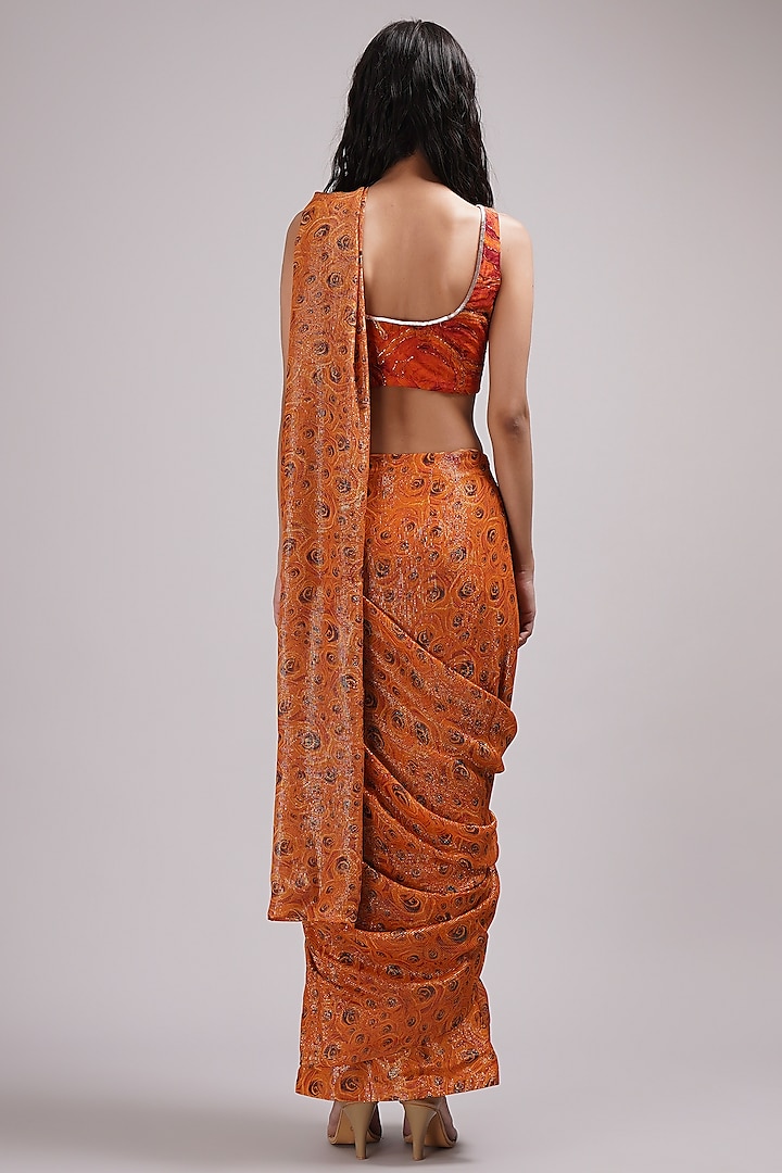 Orange Upada Silk & Shimmer Georgette Floral Printed Pre-Draped Wedding Saree Set by Breathe By Aakanksha Singh at Pernia's Pop Up Shop