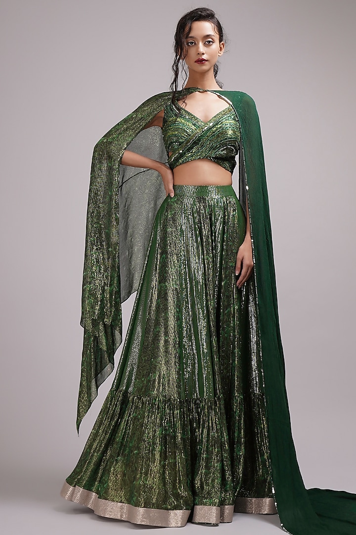 Green Shimmer Georgette Upada Silk Floral Printed Tiered Wedding Lehenga Set by Breathe By Aakanksha Singh at Pernia's Pop Up Shop