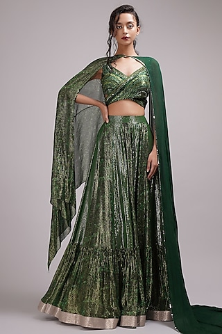 Green Shimmer Georgette Upada Silk Floral Printed Tiered Lehenga Set by Breathe By Aakanksha Singh