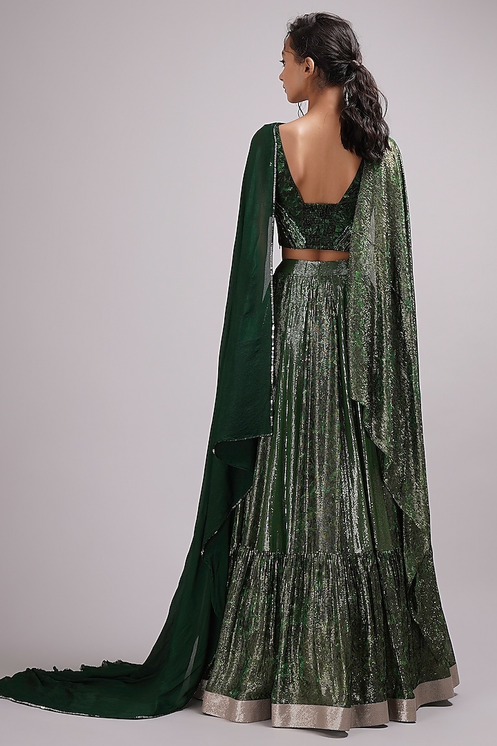 Green Shimmer Georgette Upada Silk Floral Printed Tiered Wedding Lehenga Set by Breathe By Aakanksha Singh at Pernia's Pop Up Shop