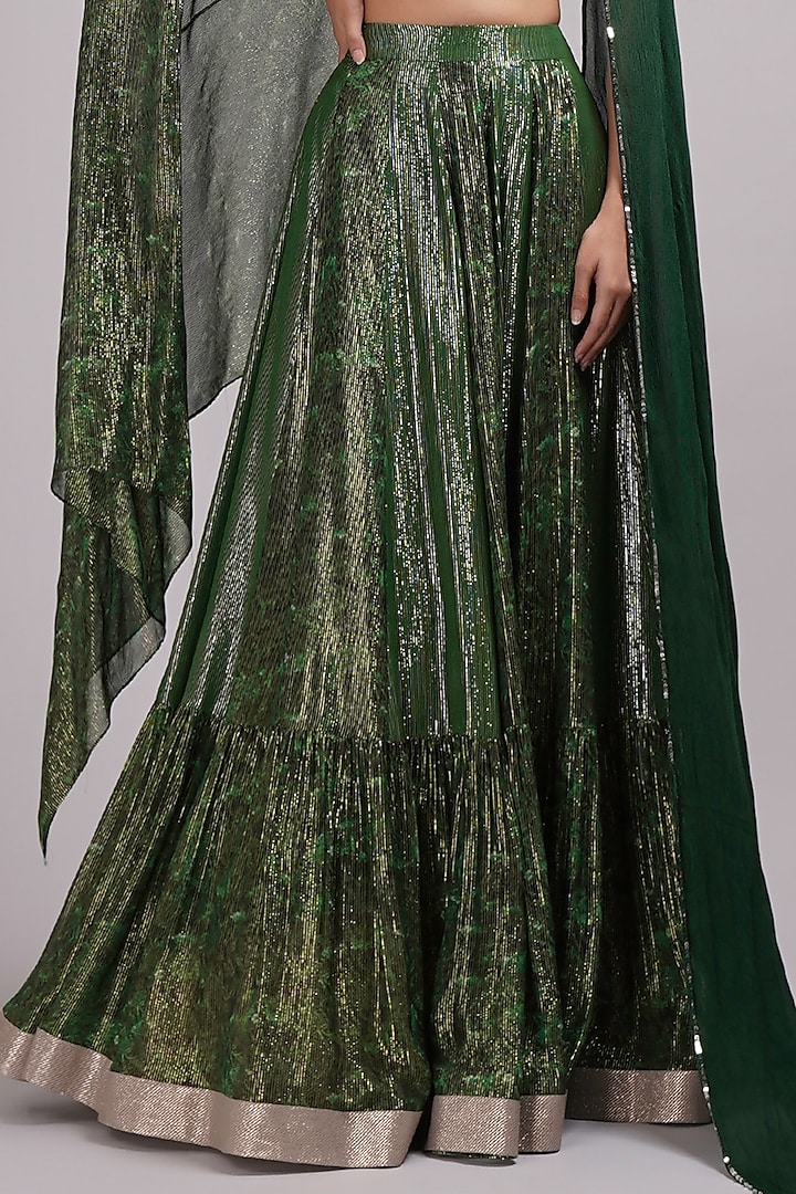 Green Shimmer Georgette Upada Silk Floral Printed Tiered Wedding Lehenga Set by Breathe By Aakanksha Singh at Pernia's Pop Up Shop