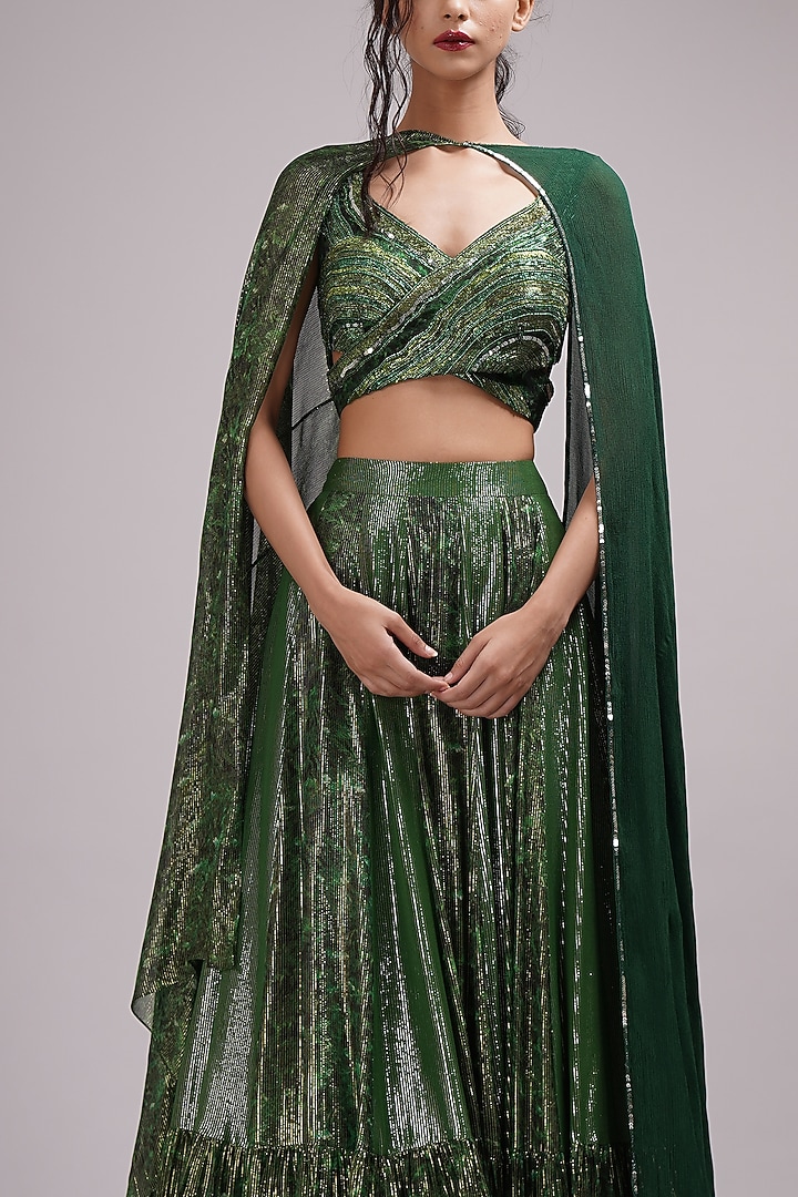 Green Shimmer Georgette Upada Silk Floral Printed Tiered Wedding Lehenga Set by Breathe By Aakanksha Singh at Pernia's Pop Up Shop