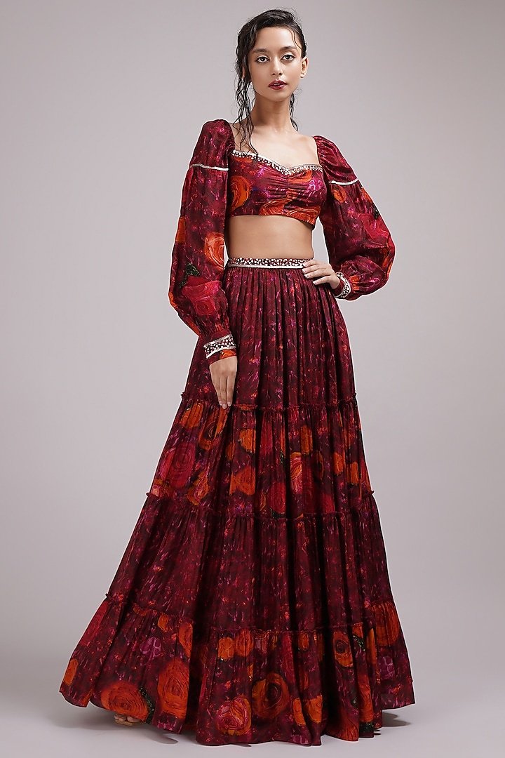Wine Upada Silk Zardosi Work & Floral Printed Tiered Skirt Set by Breathe By Aakanksha Singh