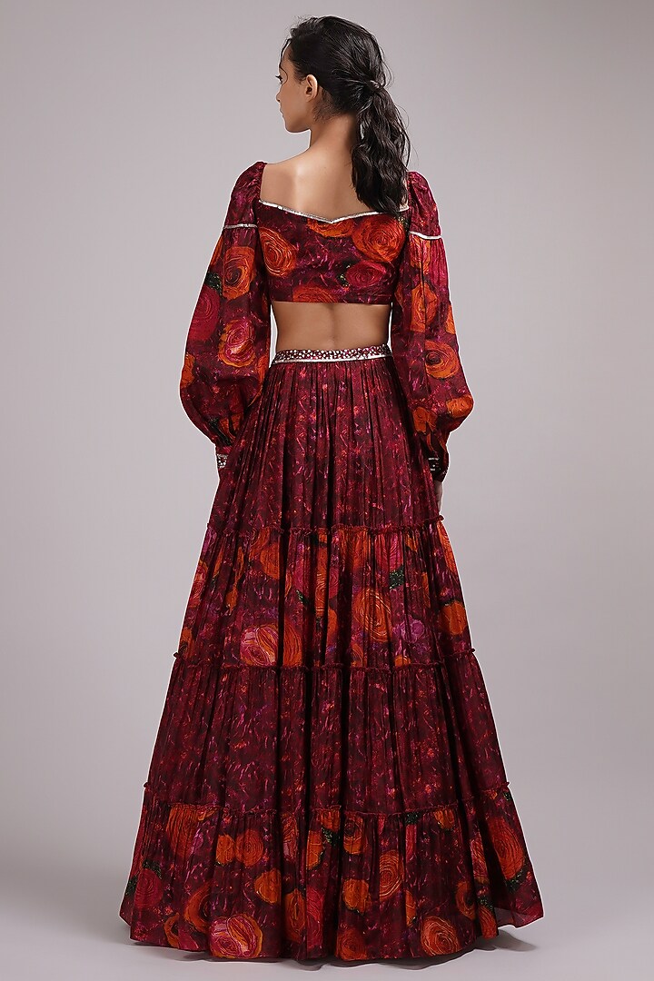 Wine Upada Silk Zardosi Work & Floral Printed Tiered Skirt Set by Breathe By Aakanksha Singh at Pernia's Pop Up Shop