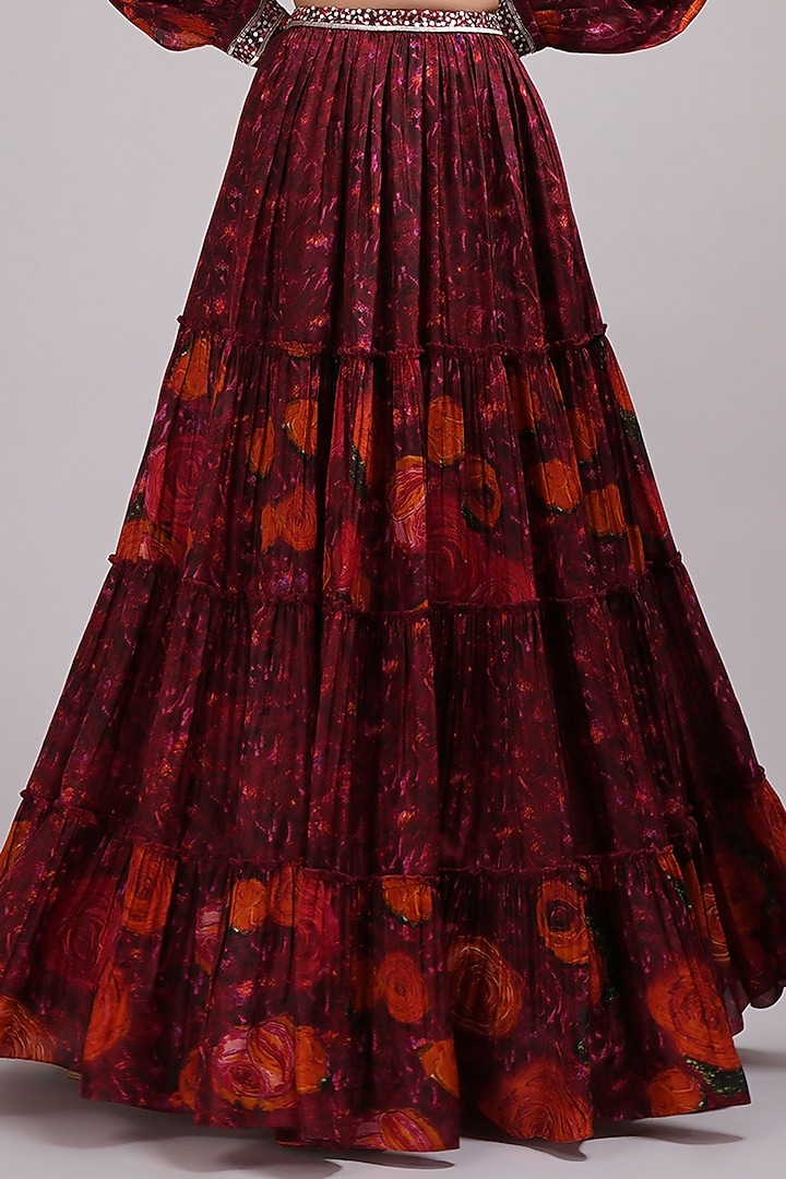 Wine Upada Silk Zardosi Work & Floral Printed Tiered Skirt Set by Breathe By Aakanksha Singh at Pernia's Pop Up Shop