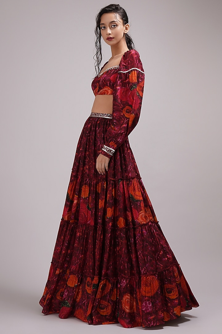 Wine Upada Silk Zardosi Work & Floral Printed Tiered Skirt Set by Breathe By Aakanksha Singh at Pernia's Pop Up Shop
