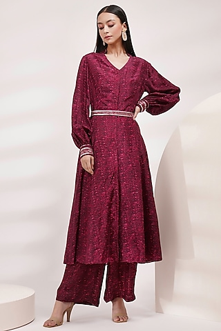 Deep Purple Upada Silk & Cotton Voile Handpainted Kurta Set by Breathe By Aakanksha Singh