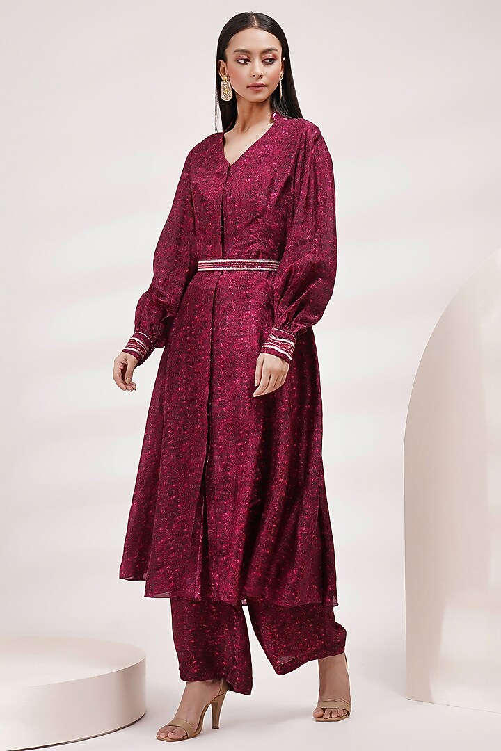 Deep Purple Upada Silk & Cotton Voile Handpainted Kurta Set by Breathe By Aakanksha Singh at Pernia's Pop Up Shop