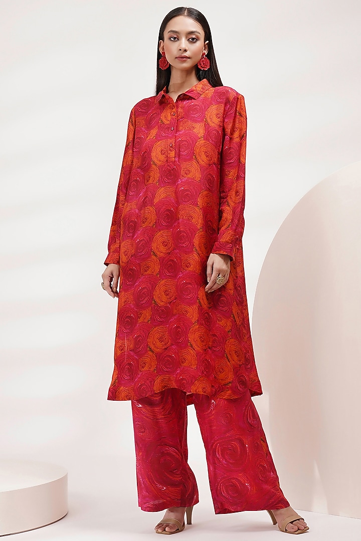 Red Upada Silk & Cotton Voile Handpainted & Hand Embellished Kurta Set by Breathe By Aakanksha Singh