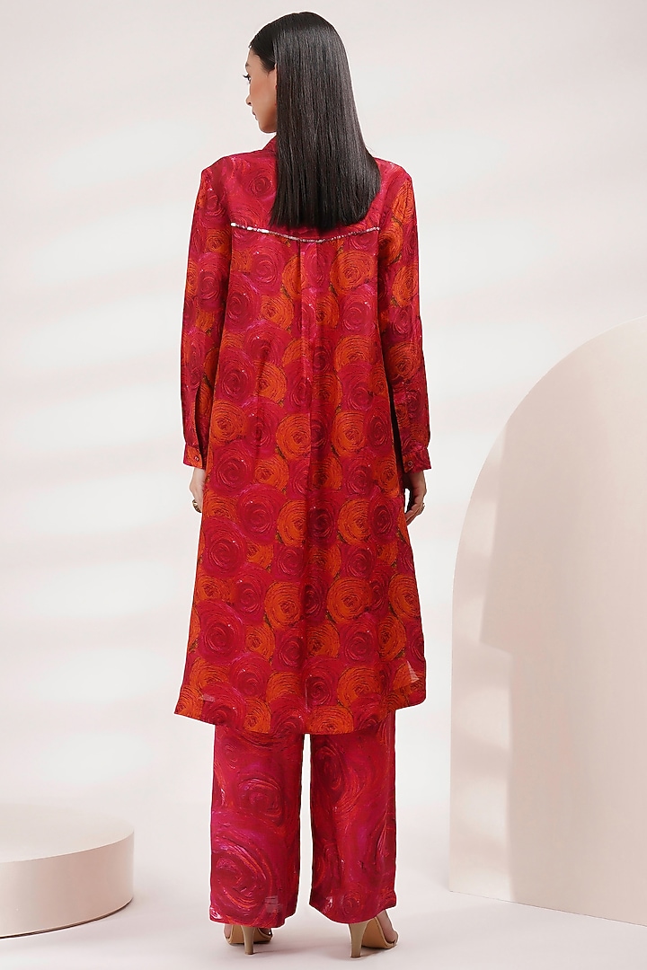 Red Upada Silk & Cotton Voile Handpainted & Hand Embellished Kurta Set by Breathe By Aakanksha Singh at Pernia's Pop Up Shop