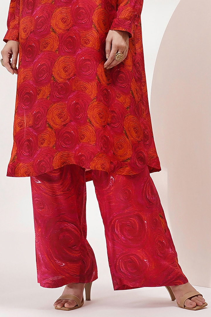 Red Upada Silk & Cotton Voile Handpainted & Hand Embellished Kurta Set by Breathe By Aakanksha Singh at Pernia's Pop Up Shop
