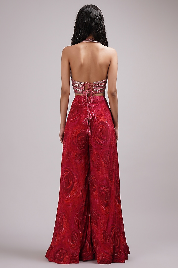 Red Upada Silk Floral Handpainted Wedding Sharara Set by Breathe By Aakanksha Singh at Pernia's Pop Up Shop
