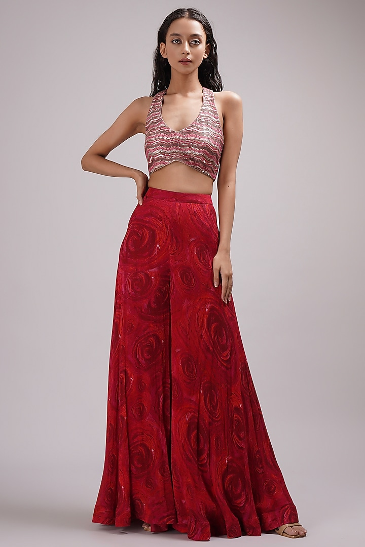 Red Upada Silk Floral Handpainted Wedding Sharara Set by Breathe By Aakanksha Singh at Pernia's Pop Up Shop