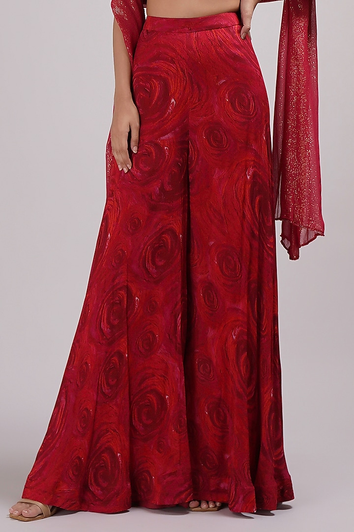 Red Upada Silk Floral Handpainted Wedding Sharara Set by Breathe By Aakanksha Singh at Pernia's Pop Up Shop