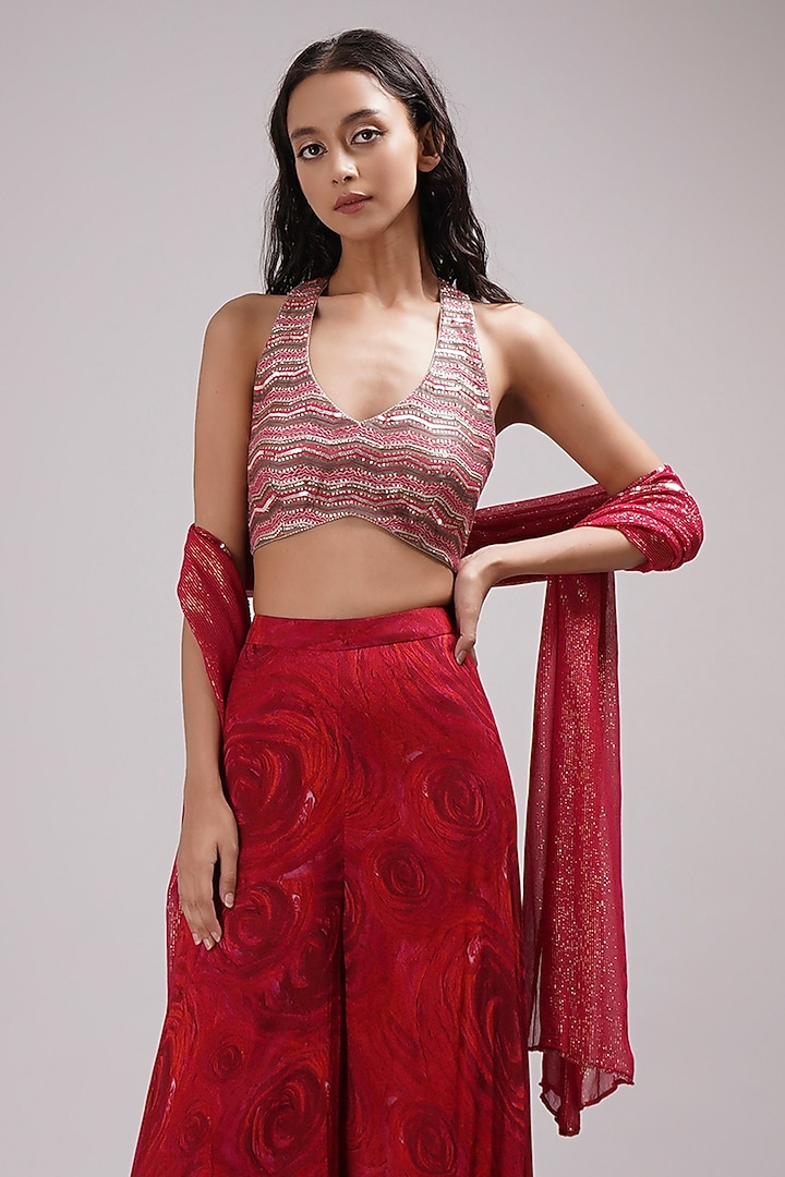 Red Upada Silk Floral Handpainted Wedding Sharara Set by Breathe By Aakanksha Singh at Pernia's Pop Up Shop