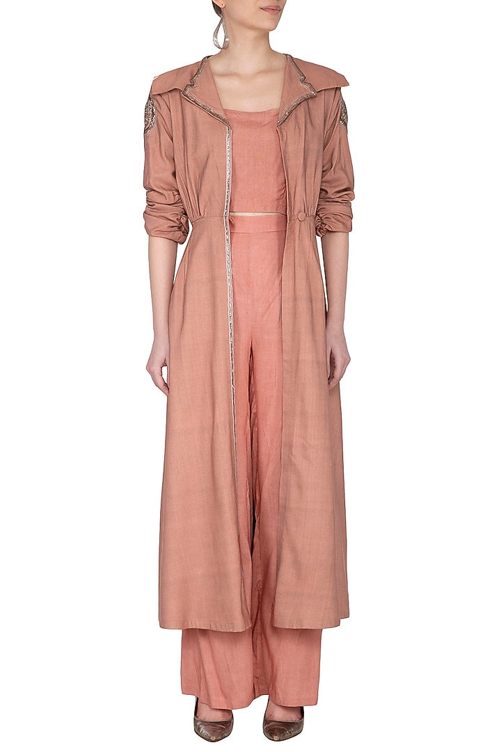 Rusty Peach Embroidered Jacket With Crop Top & Palazzo Pants by Breathe By Aakanksha Singh at Pernia's Pop Up Shop