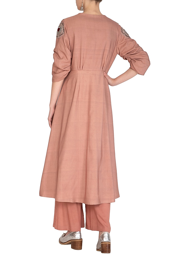 Rusty Peach Embroidered Jacket With Crop Top & Palazzo Pants by Breathe By Aakanksha Singh at Pernia's Pop Up Shop