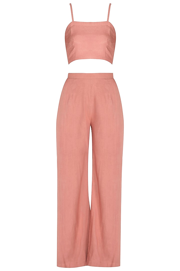 Rusty Peach Embroidered Jacket With Crop Top & Palazzo Pants by Breathe By Aakanksha Singh at Pernia's Pop Up Shop