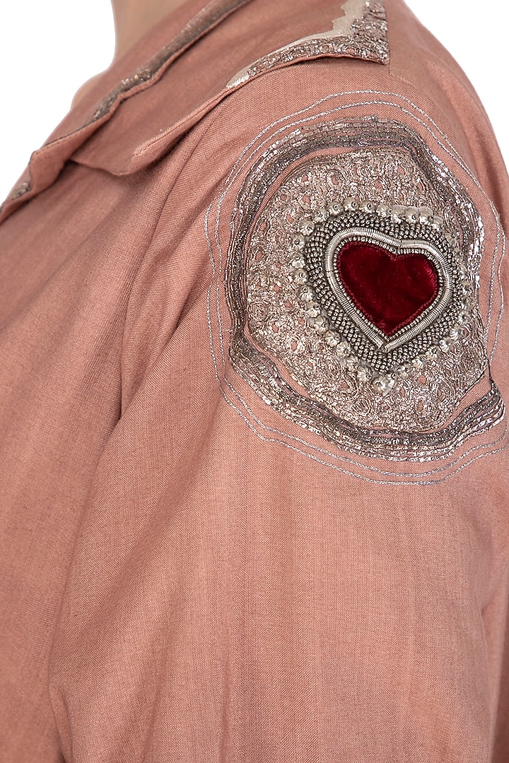 Rusty Peach Embroidered Jacket With Crop Top & Palazzo Pants by Breathe By Aakanksha Singh at Pernia's Pop Up Shop