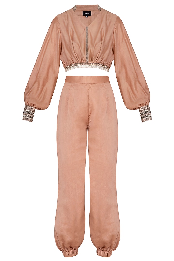 Rusty Peach Chanderi Silk Jumper Pant Set by Breathe By Aakanksha Singh at Pernia's Pop Up Shop