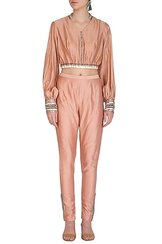 Icy Peach Embroidered Crop Top With Cigratte Pants by Breathe By Aakanksha Singh