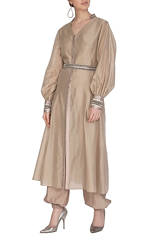 Beige Embroidered Kurta With Crop Top, Pants & Belt by Breathe By Aakanksha Singh