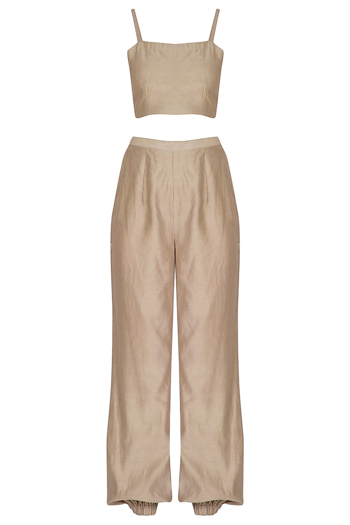 Beige Embroidered Kurta With Crop Top, Pants & Belt by Breathe By Aakanksha Singh at Pernia's Pop Up Shop
