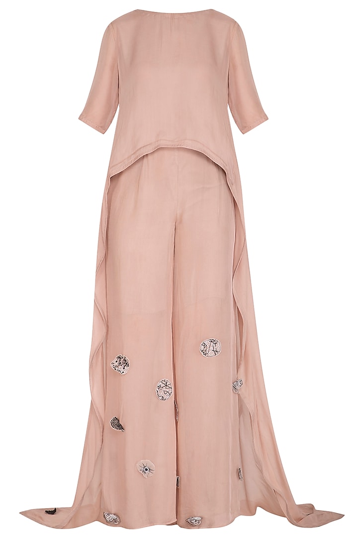 Icy Peach Embroidered Top With Palazzo Pants by Breathe By Aakanksha Singh