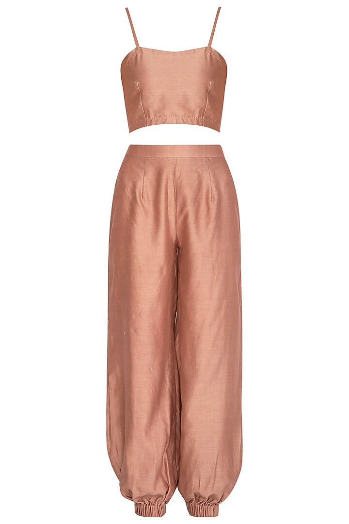 Rusty Peach Embroidered Kurta With Jumper Pants, Crop Top & Belt by Breathe By Aakanksha Singh at Pernia's Pop Up Shop
