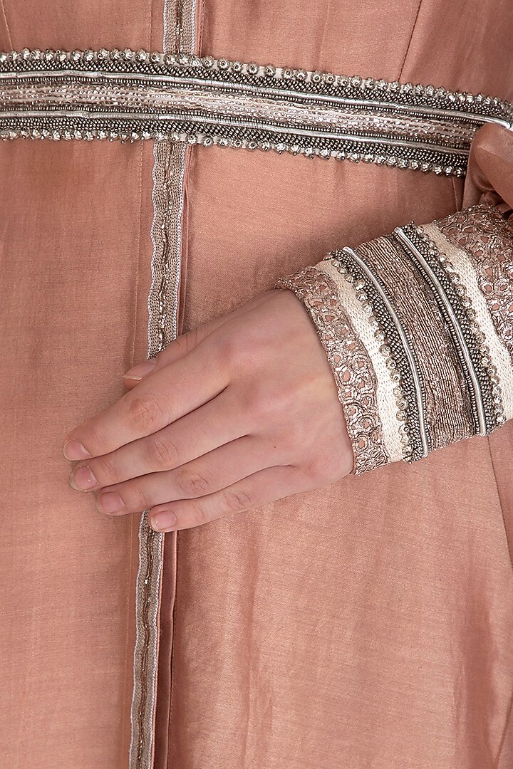 Rusty Peach Embroidered Kurta With Jumper Pants, Crop Top & Belt by Breathe By Aakanksha Singh at Pernia's Pop Up Shop