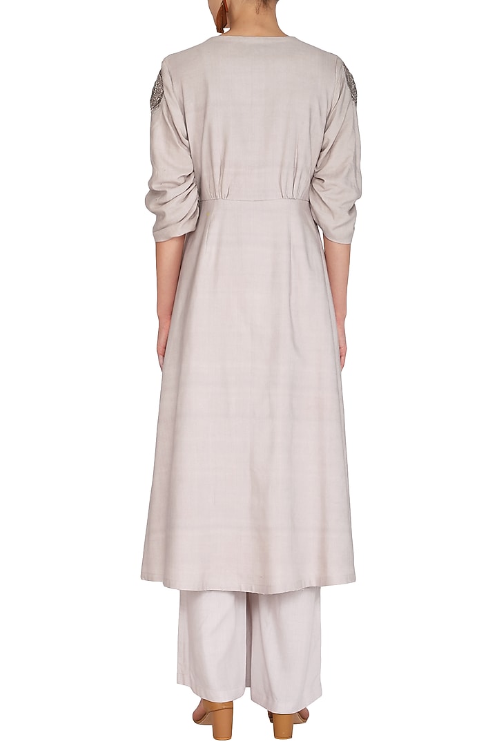 Grey Embroidered Jacket With Crop Top & Palazzo Pants by Breathe By Aakanksha Singh at Pernia's Pop Up Shop